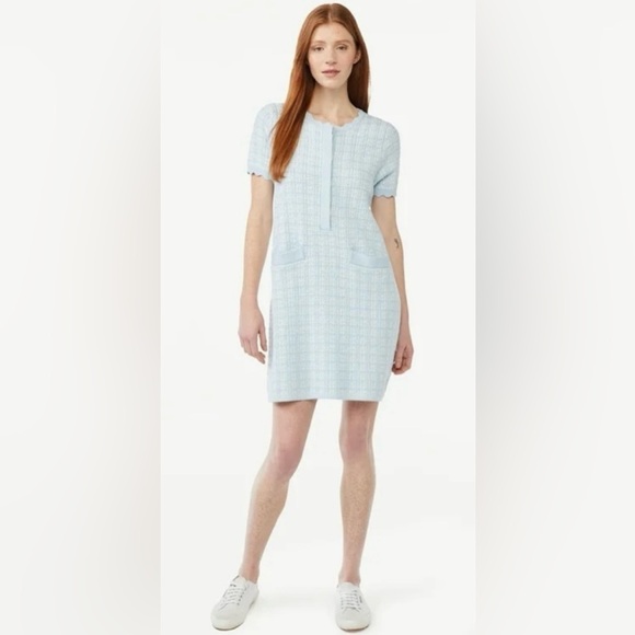 Free Assembly Women's Tweed Plaid Knit Scallop Button down Mini Sweater Dress - Picture 2 of 6